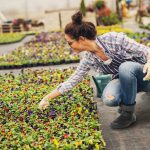 A woman is watering the flowers, wearing her sturdy boots