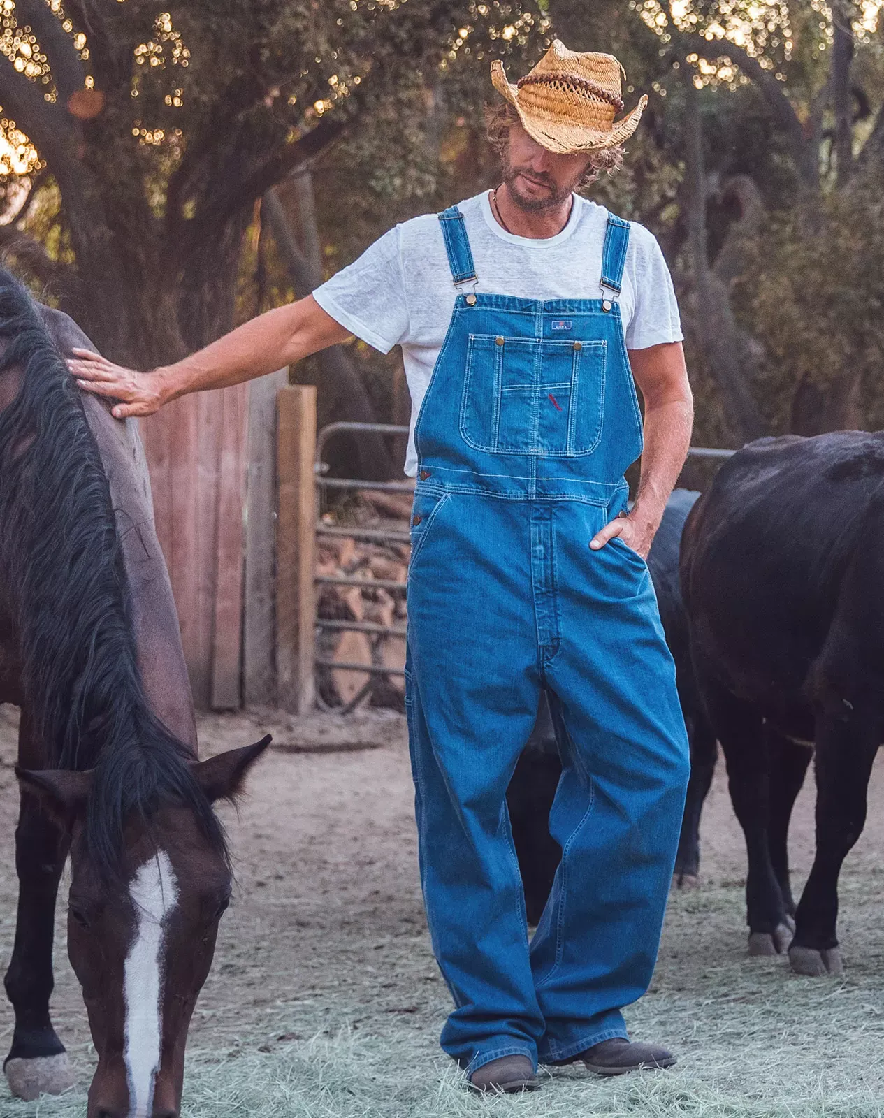 Stone washed blue Men's Denim Bib Overalls | HISEA