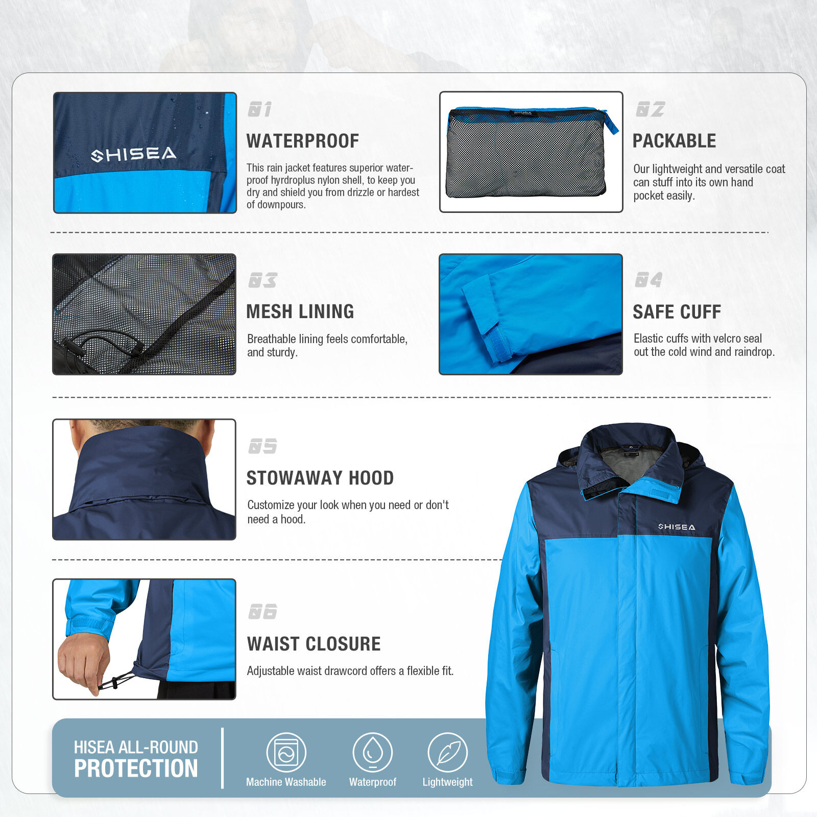 Blue HISEA Men’s Waterproof Rain Jacket for GZ14M image 2