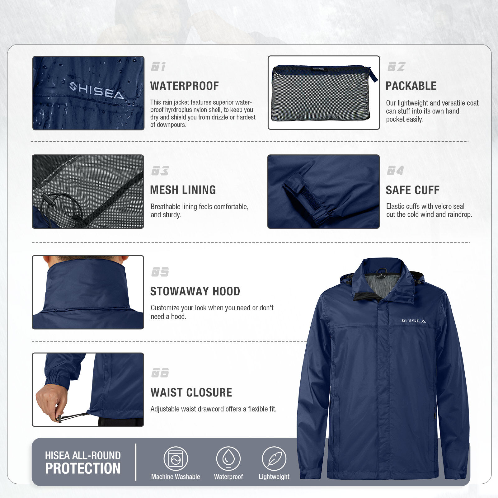 Navy HISEA Men’s Waterproof Rain Jacket for GZ14M image 2