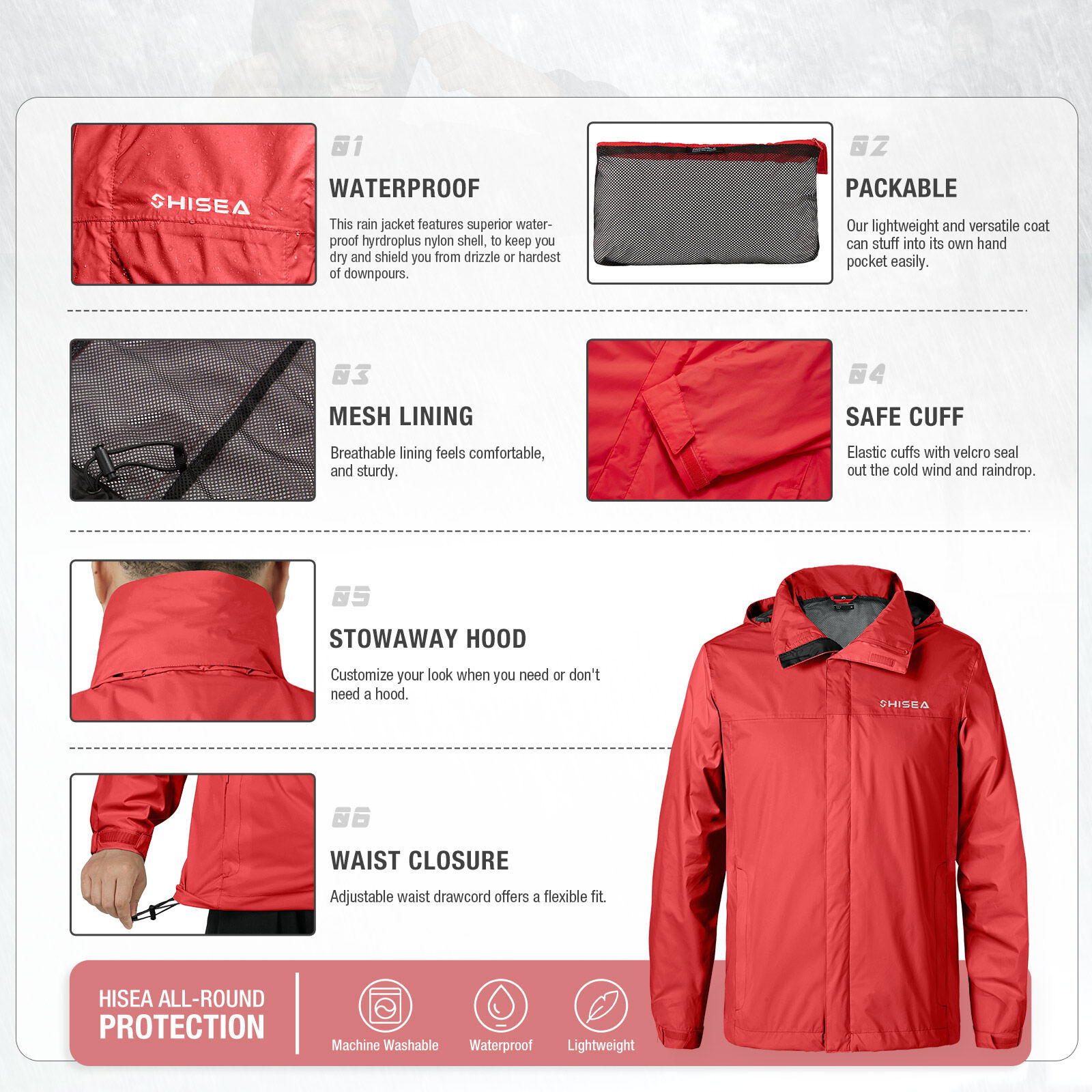 Red HISEA Men’s Waterproof Rain Jacket for GZ14M image 2
