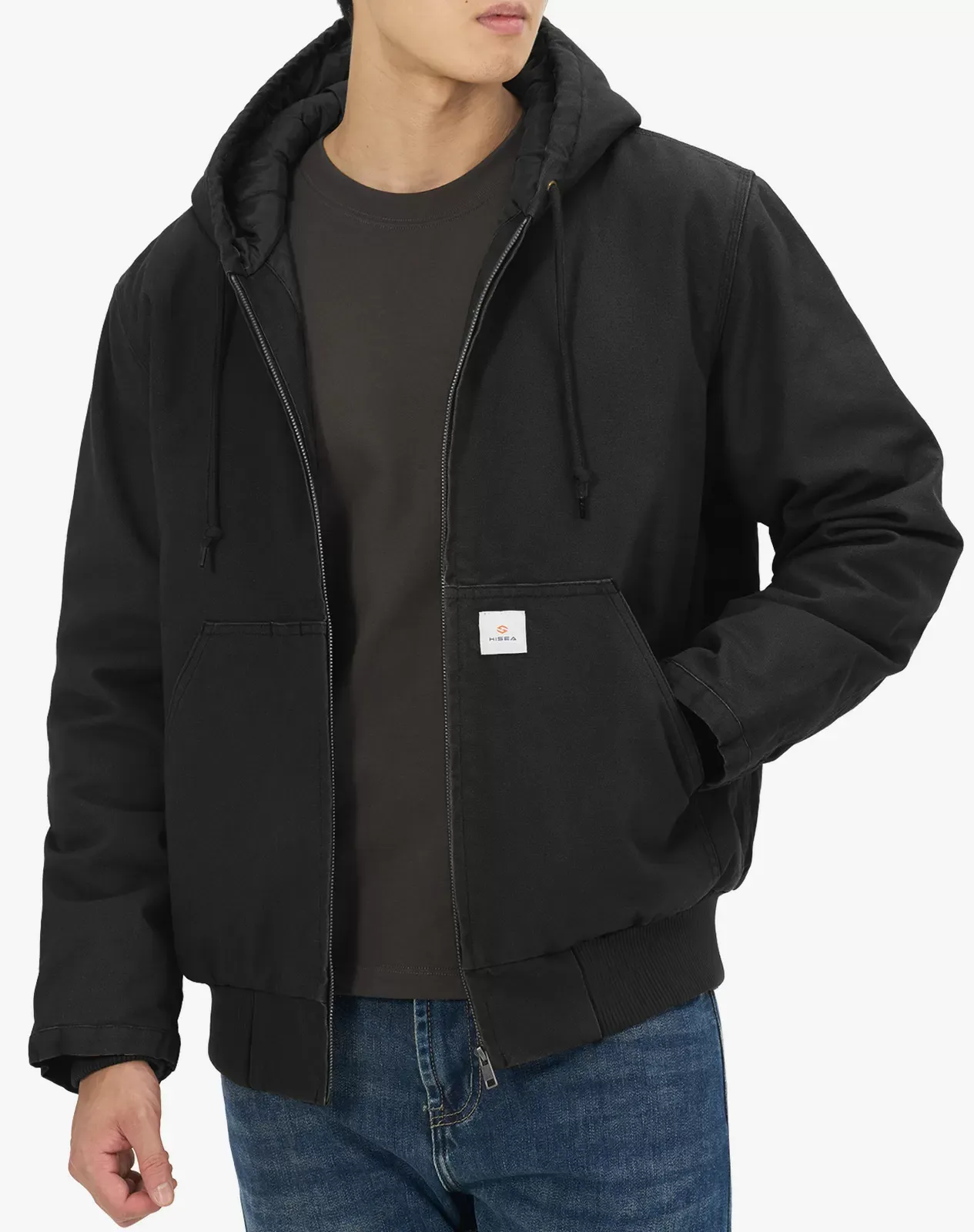Black Men's Insulated Canvas Hooded Work Jacket | HISEA