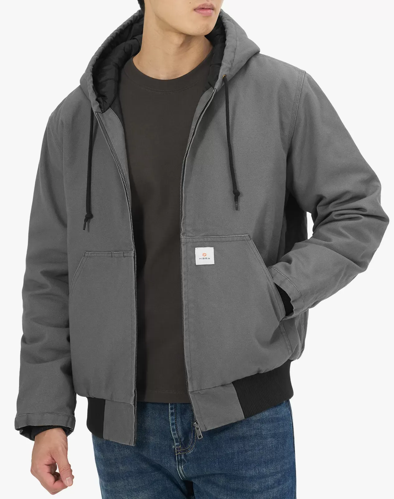 Grey Men's Insulated Canvas Hooded Work Jacket | HISEA