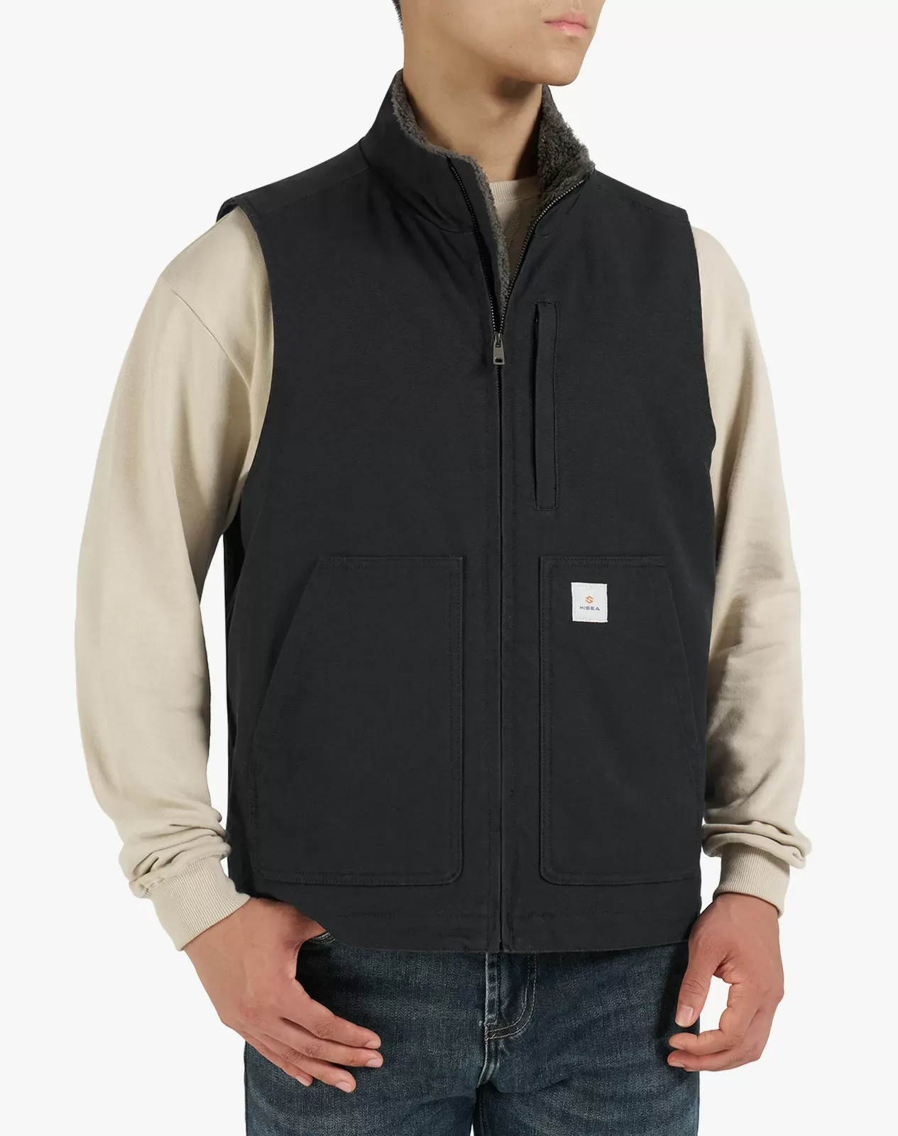 Black Men's Insulated Canvas Workwear Mock-Neck Vest | HISEA