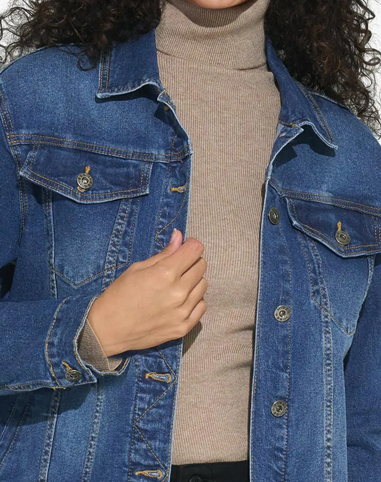 Navy Women's Stretch Long Sleeve Denim Jacket for GZ33WCP image 4