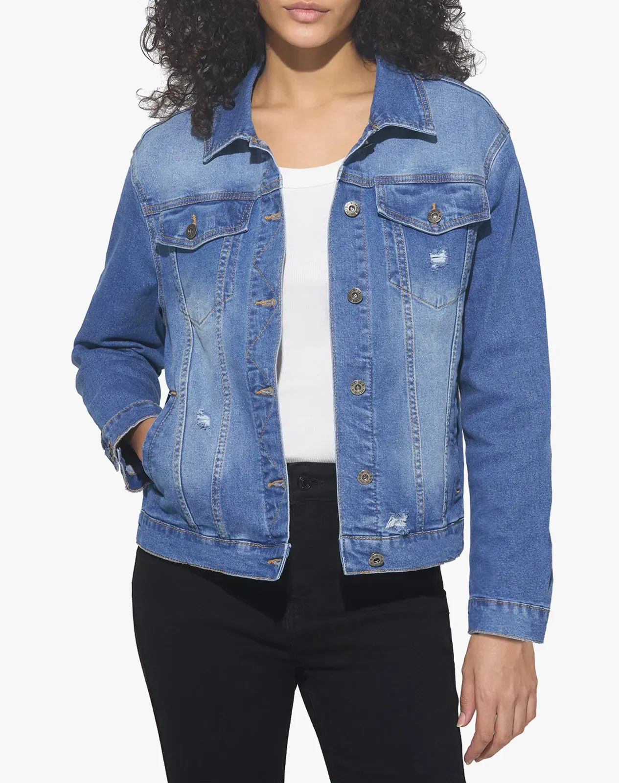 Stone washed blue Women's Stretch Long Sleeve Denim Jacket for GZ33WCP image 2