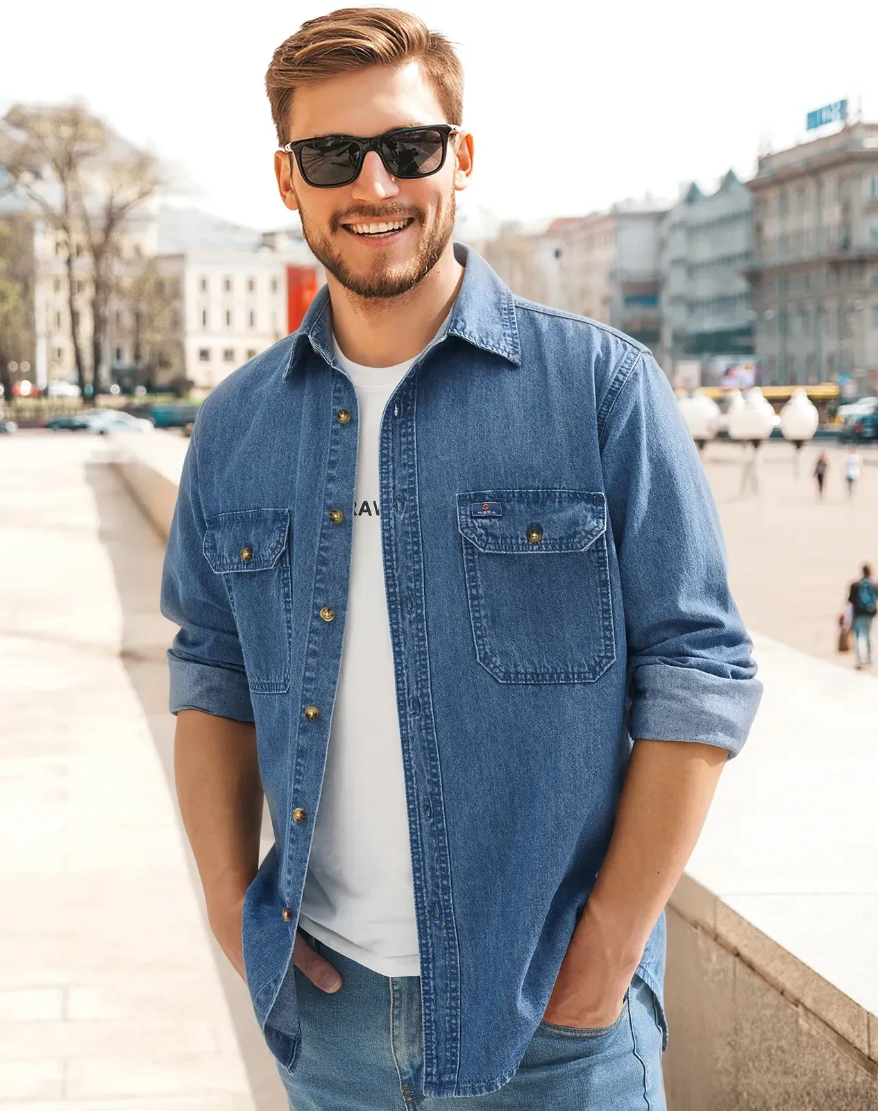 Navy Men's Regular Fit Denim Button-Up Shirt for GZ34MCP image 6