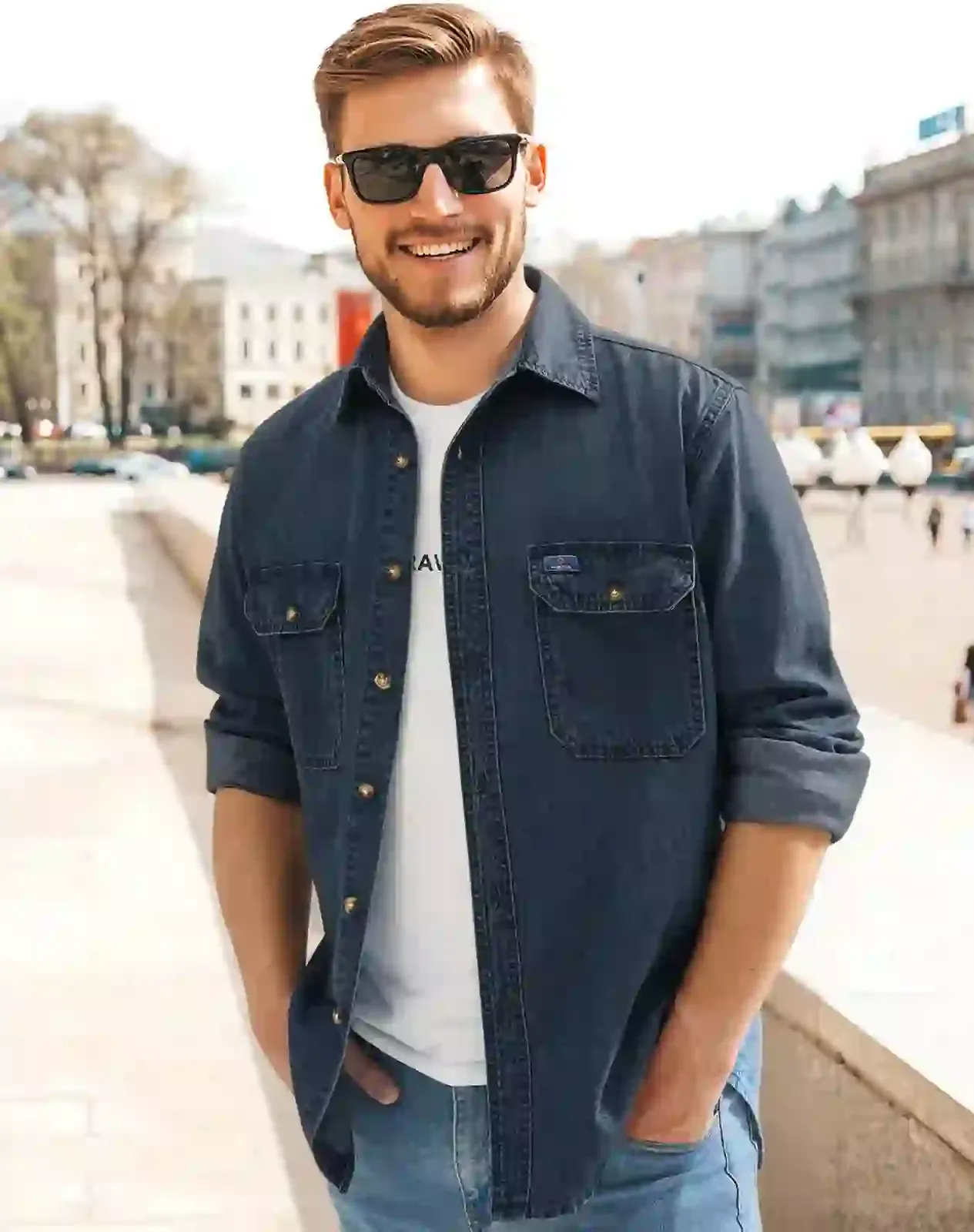 Dark navy Men's Regular Fit Denim Button-Up Shirt for GZ34MCP image 6
