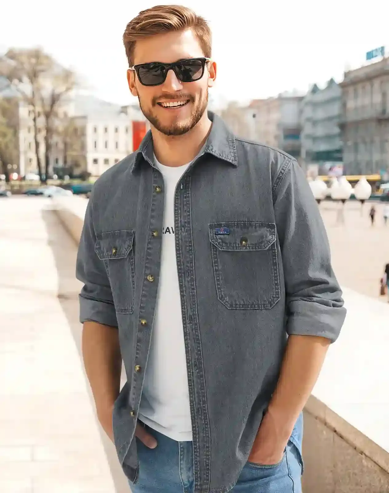 Grey Men's Regular Fit Denim Button-Up Shirt for GZ34MCP image 6