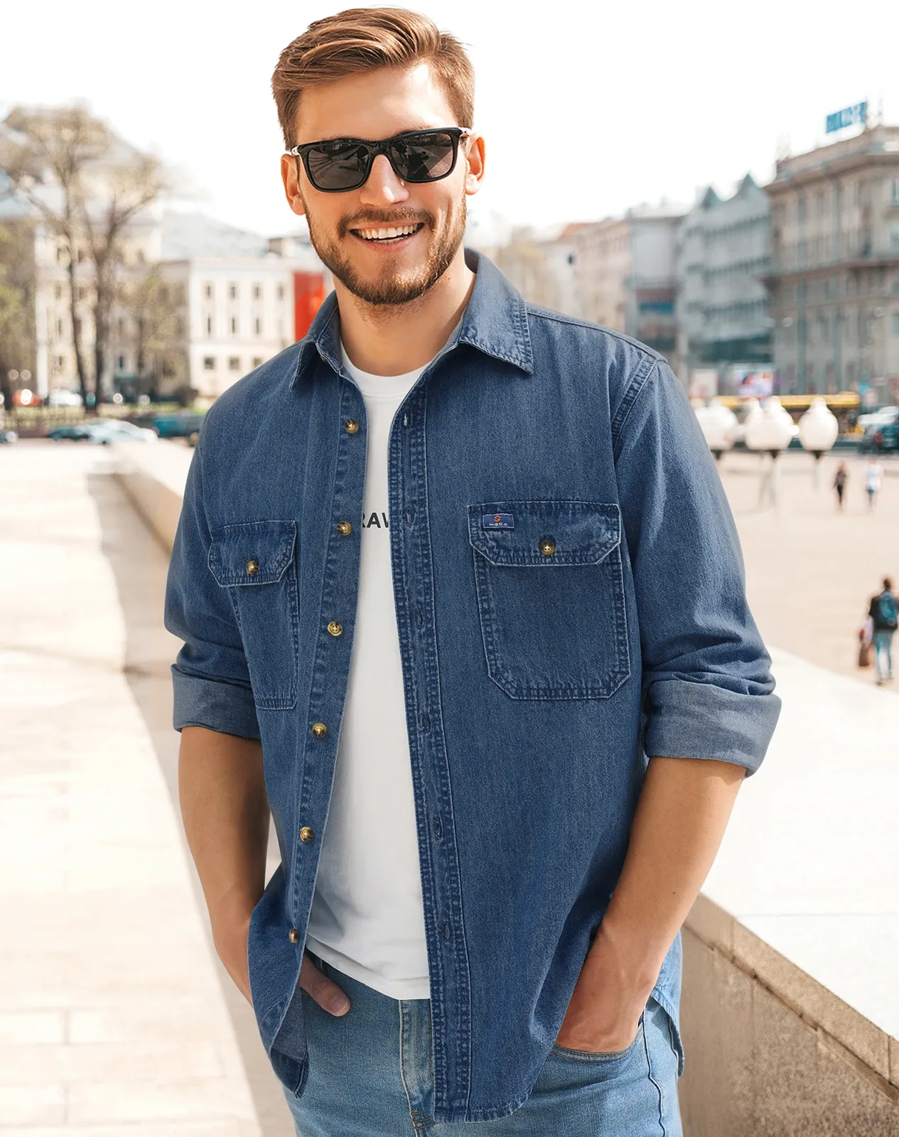 Blue Men's Regular Fit Denim Button-Up Shirt for GZ34MCP image 6