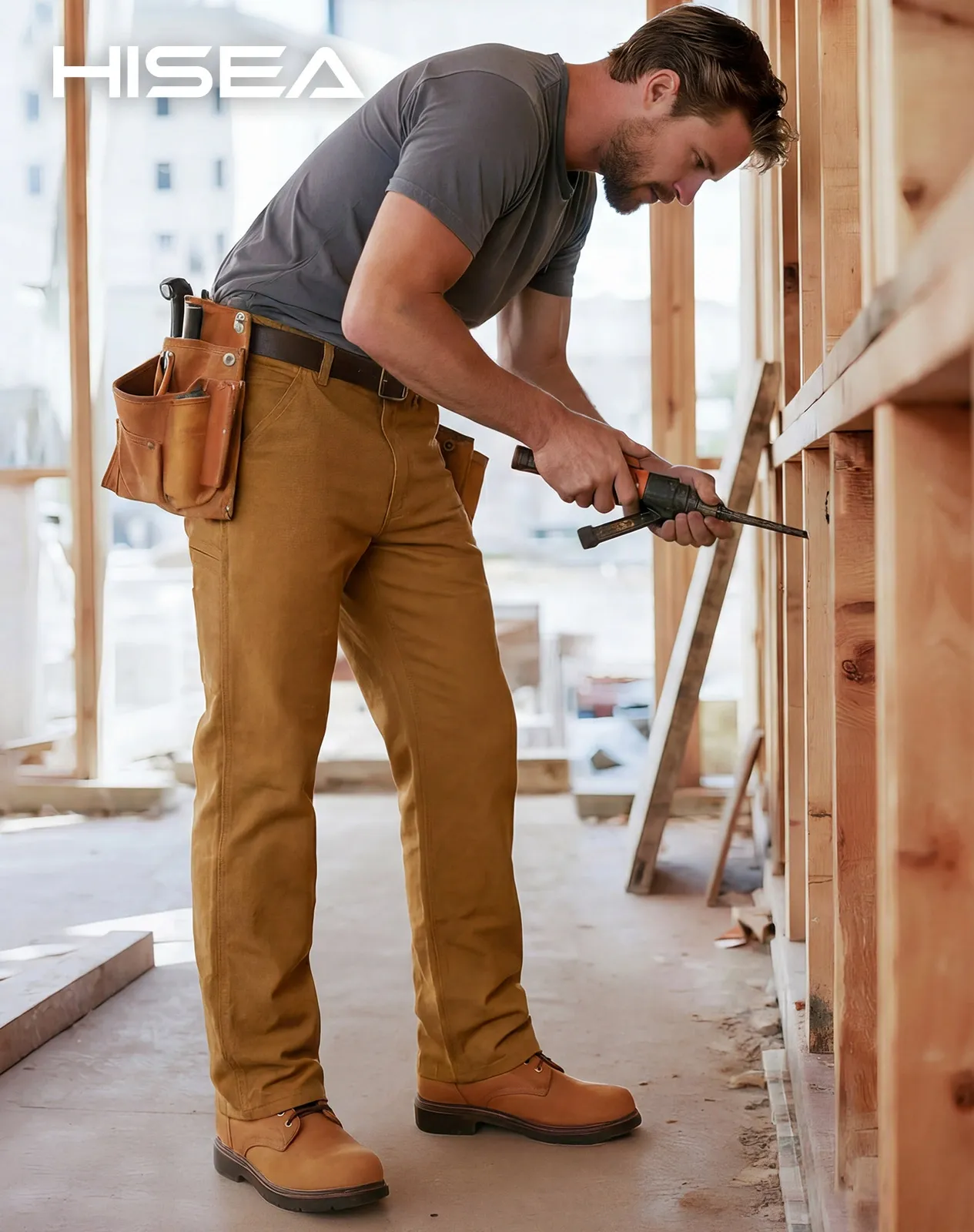 Brown Men's Basic Cotton Work Pants for GZ36MCP image 6