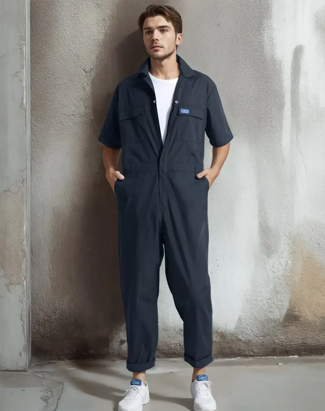Dark navy Men's Short-Sleeve Work Coverall with Utility Pockets for GZ38MCP image 6