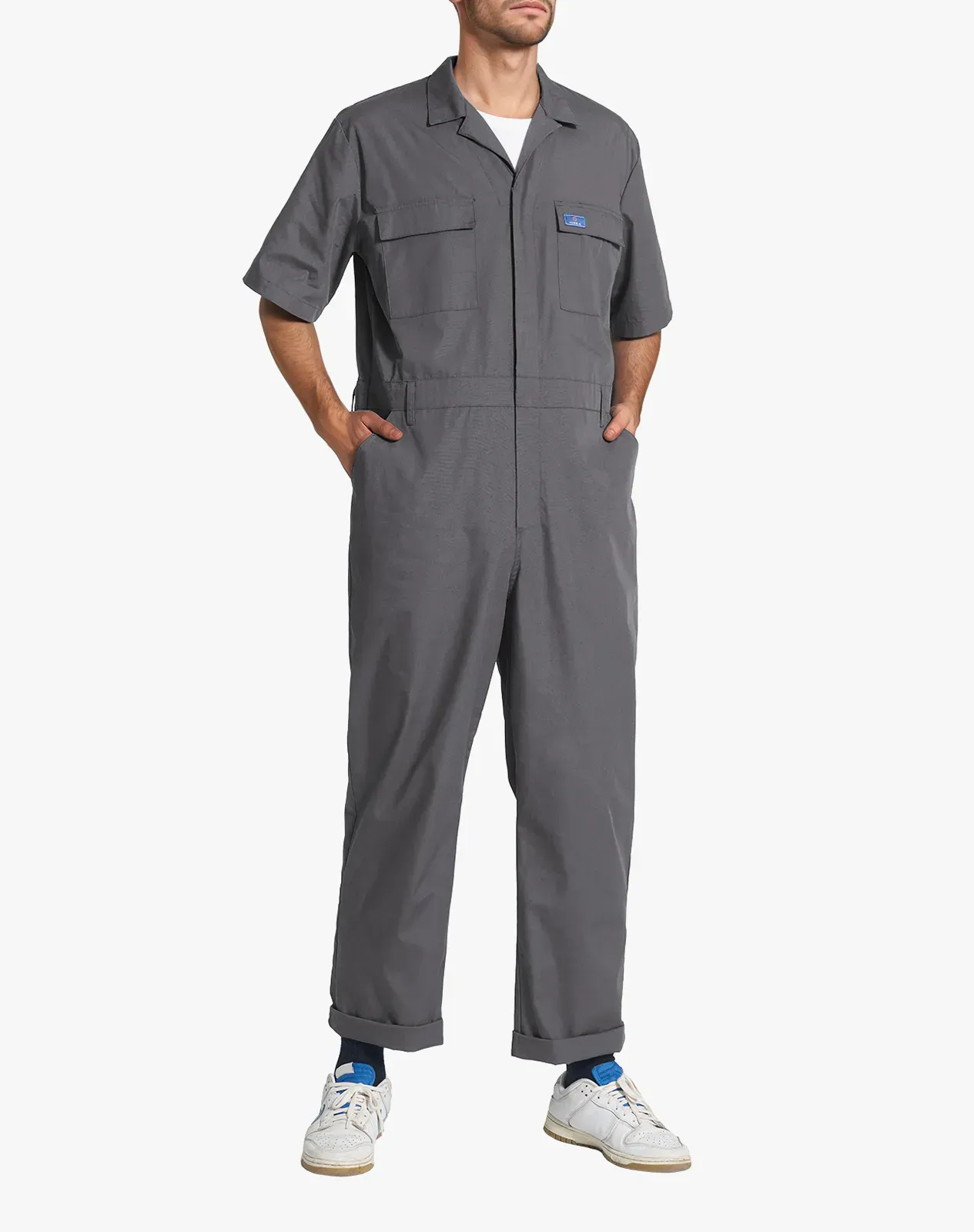 Grey Men's Short-Sleeve Work Coverall with Utility Pockets for GZ38MCP image 3