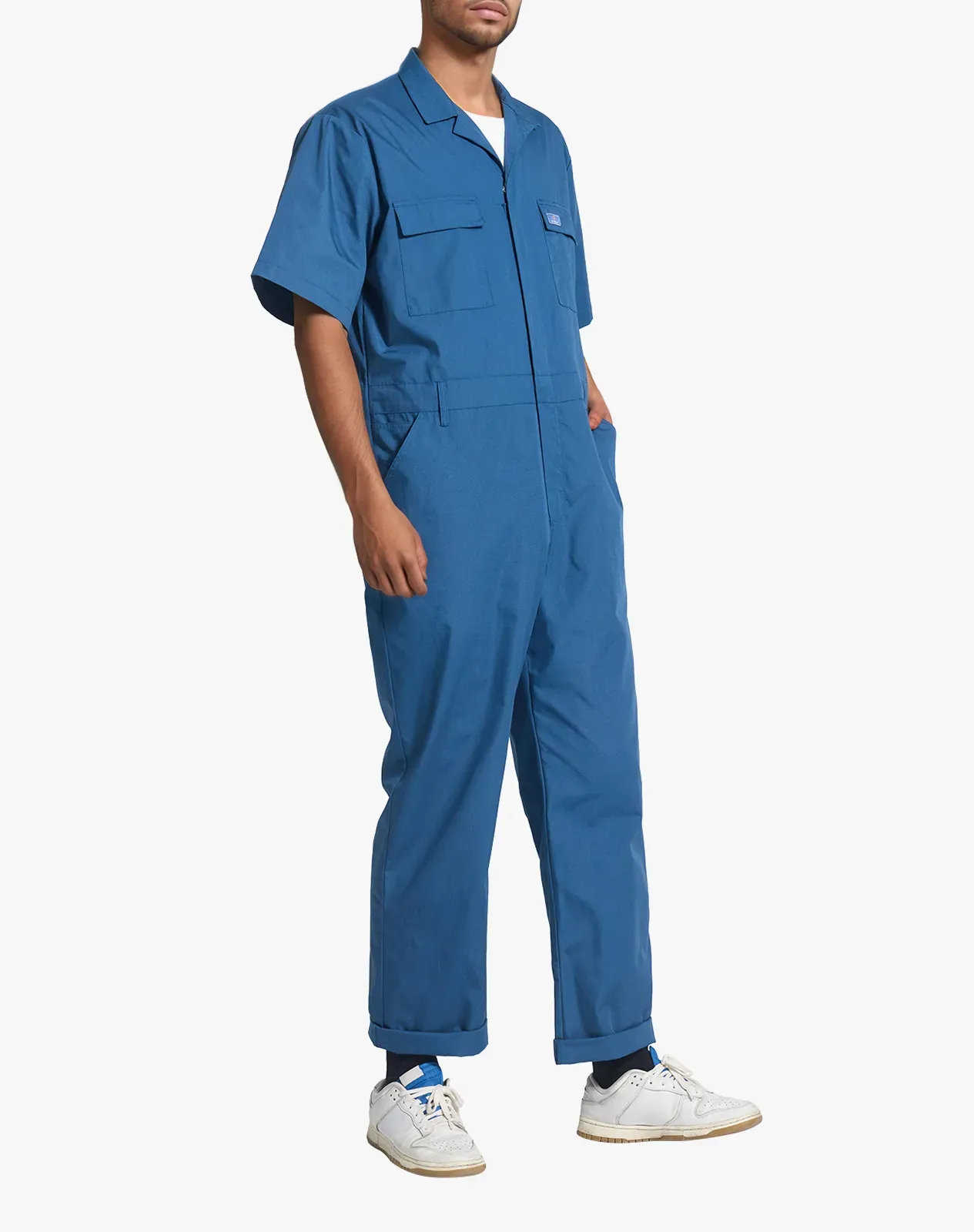 Navy Men's Short-Sleeve Work Coverall with Utility Pockets for GZ38MCP image 2