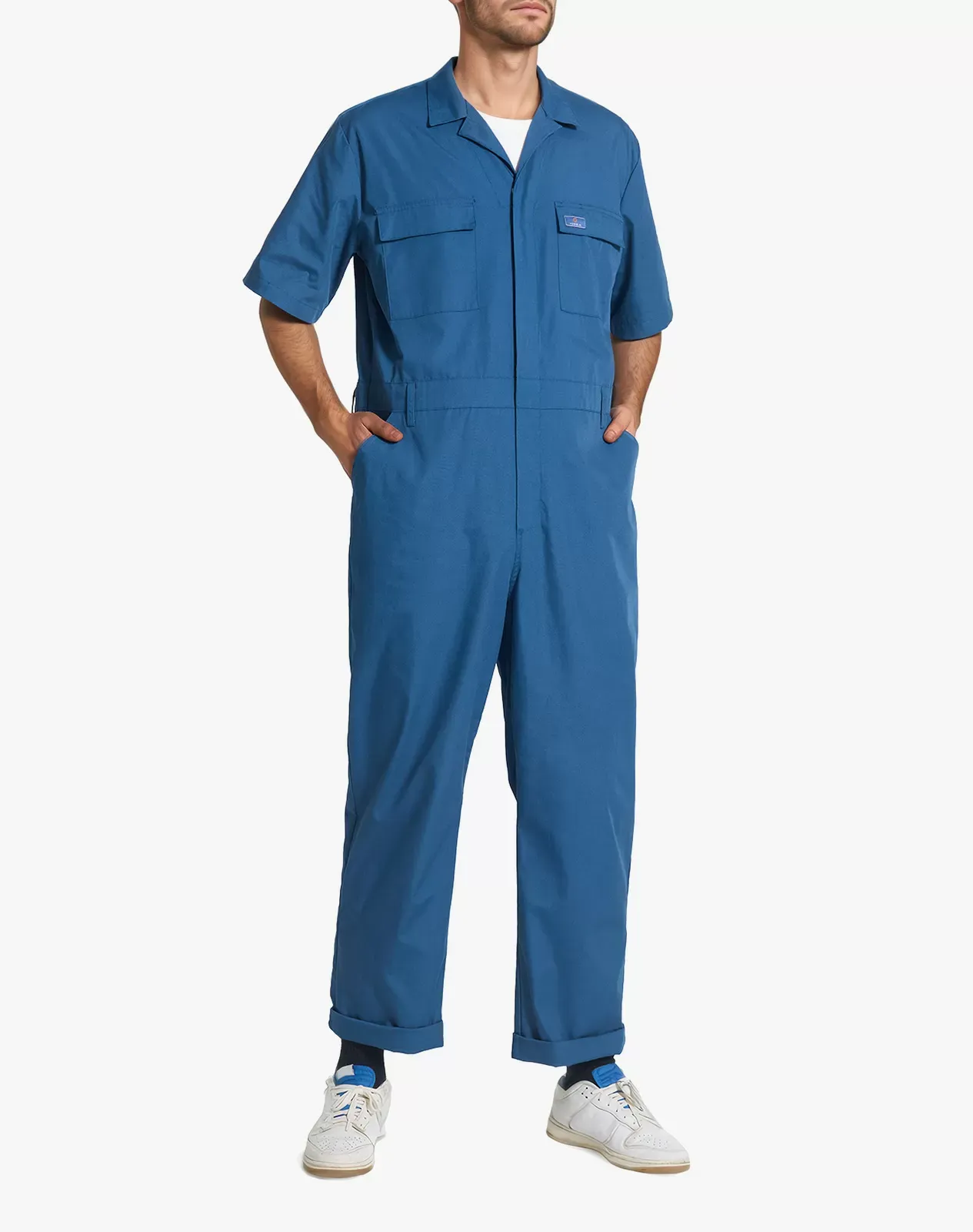 Navy Men's Short-Sleeve Work Coverall with Utility Pockets for GZ38MCP image 3