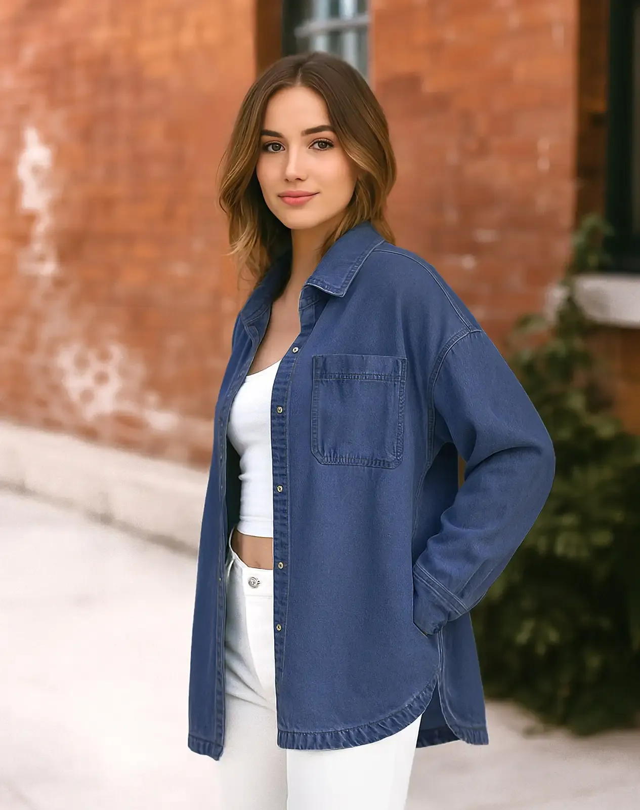 Dark navy Women's Cotton Long Sleeve Loose Fit Work Shirt for GZ40WCP image 5