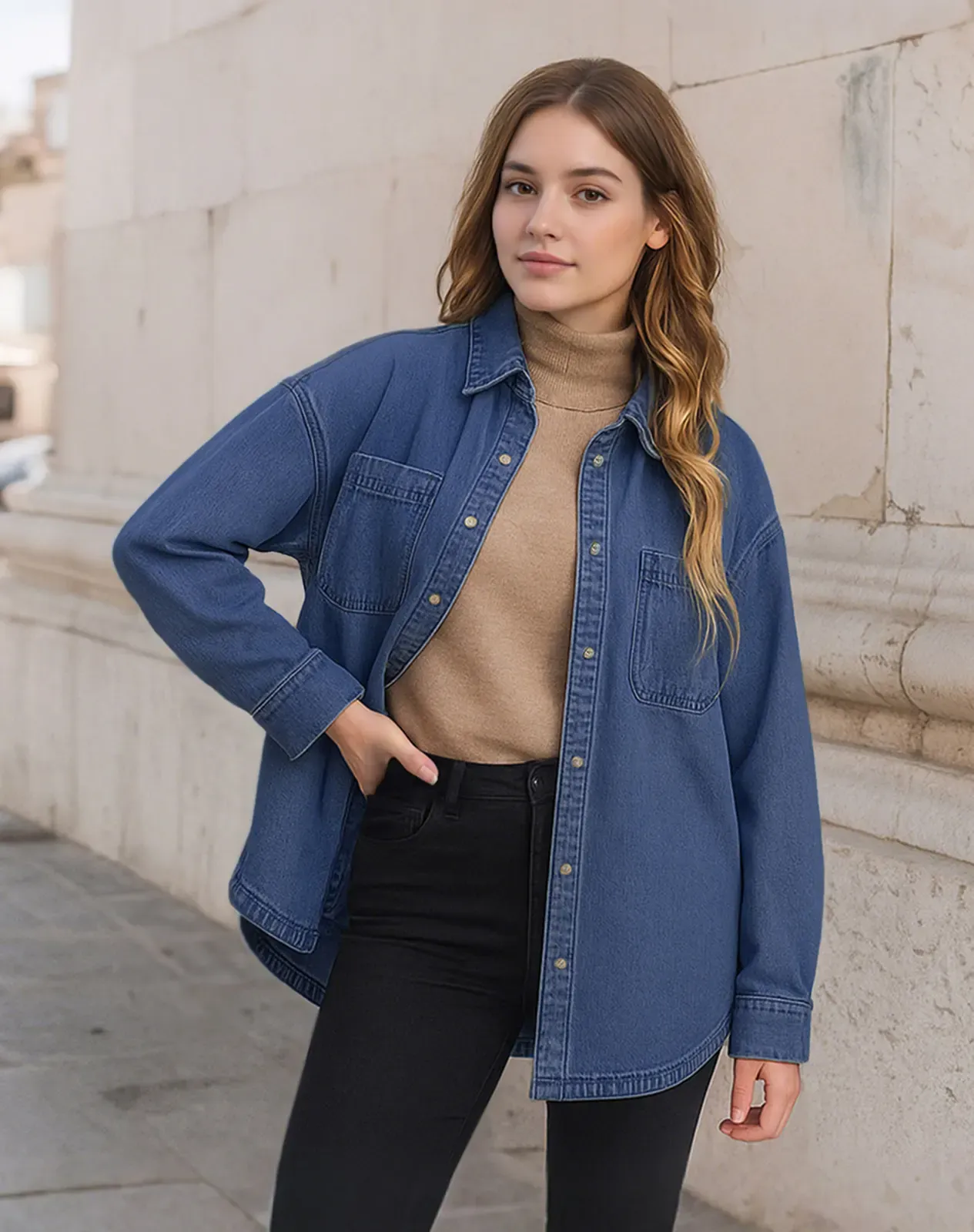 Dark navy Women's Cotton Long Sleeve Loose Fit Work Shirt for GZ40WCP image 5