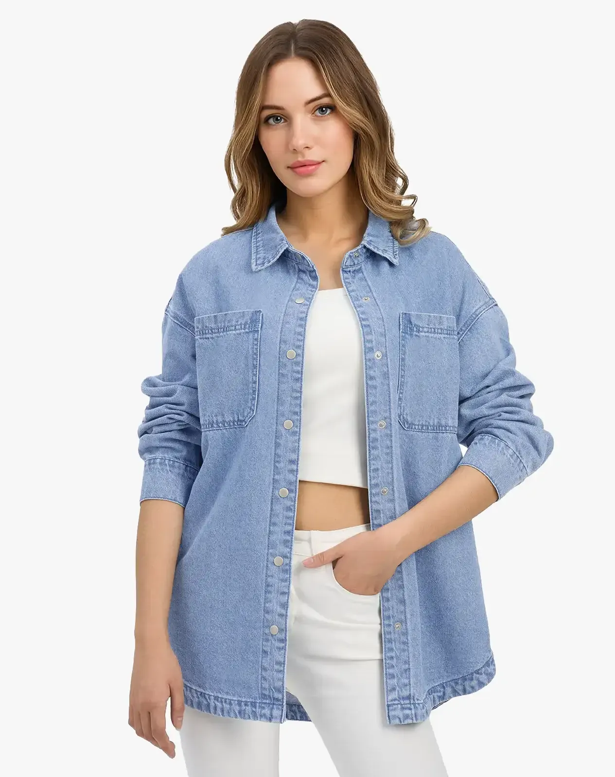 Blue Women's Cotton Long Sleeve Loose Fit Work Shirt for GZ40WCP image 1