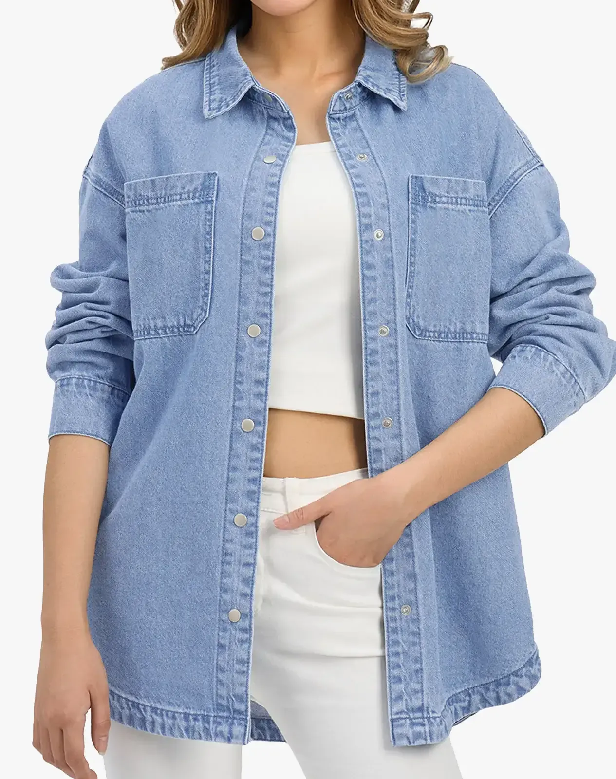 Blue Women's Cotton Long Sleeve Loose Fit Work Shirt for GZ40WCP image 2