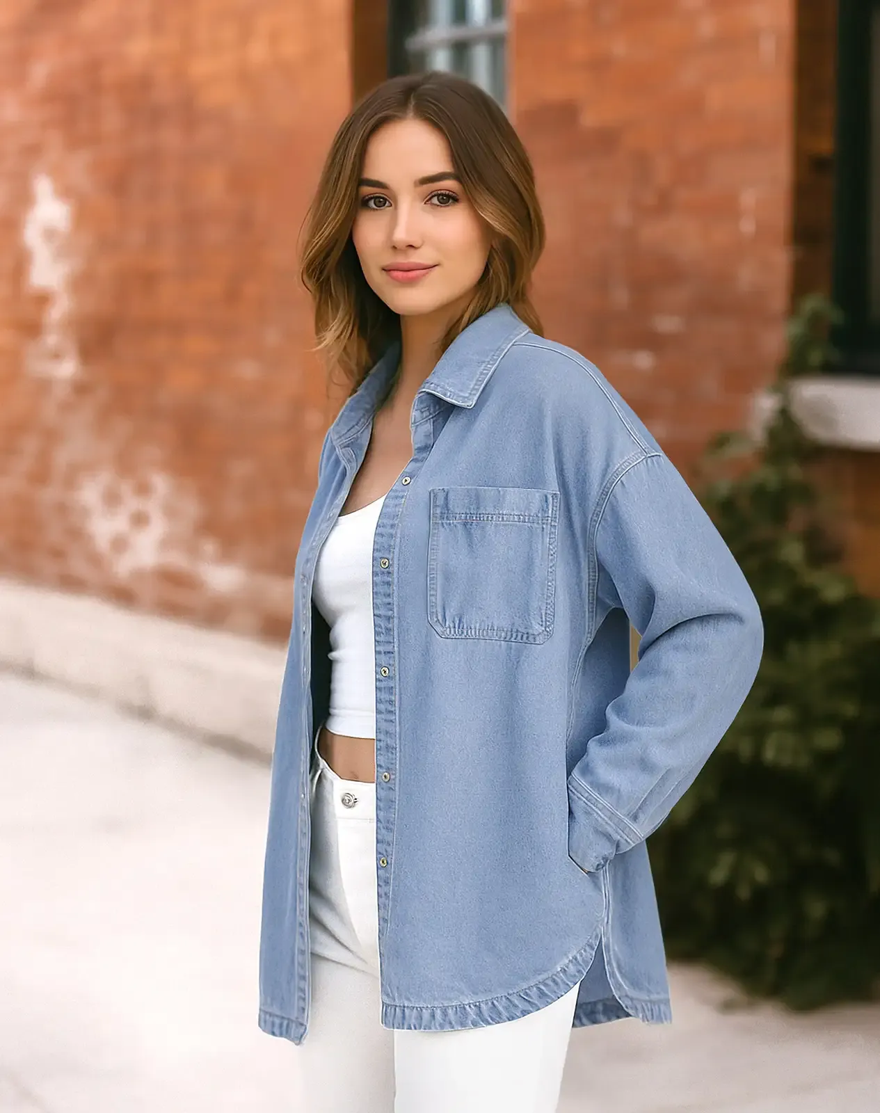 Blue Women's Cotton Long Sleeve Loose Fit Work Shirt for GZ40WCP image 6