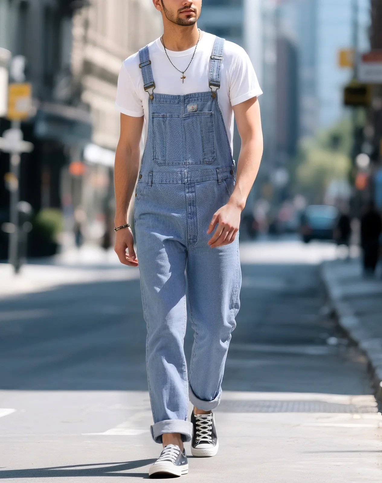 Stone washed blue Men's Casual Denim Bib Overalls for GZ43MCP image 6