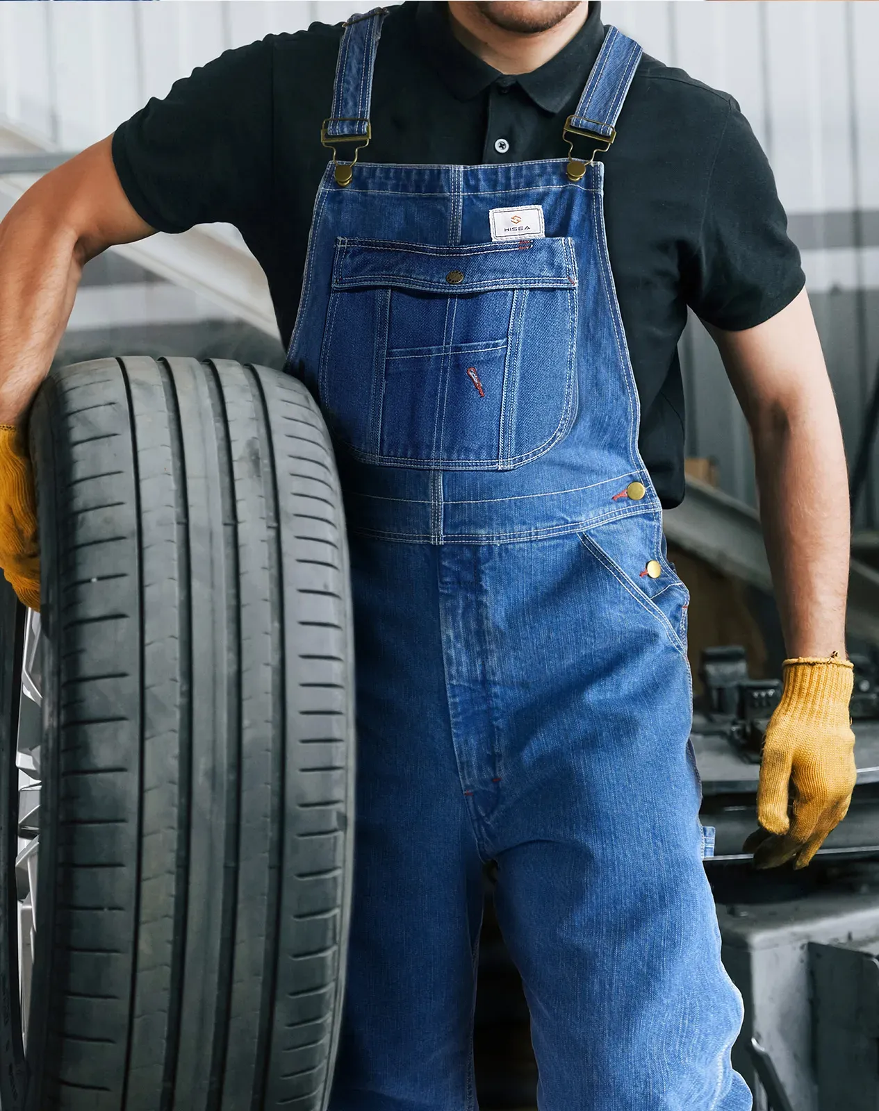 Stone washed blue Men's Denim Bib Overalls with Tool Pockets for GZ46MCP image 6