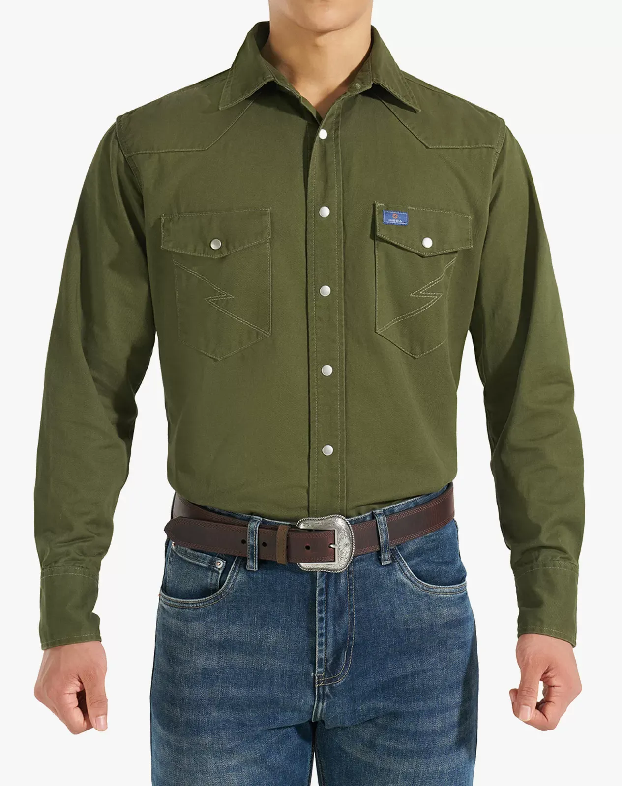Green Men's Cotton Long Sleeve Regular Fit Work Shirt for GZ51MCP image 4