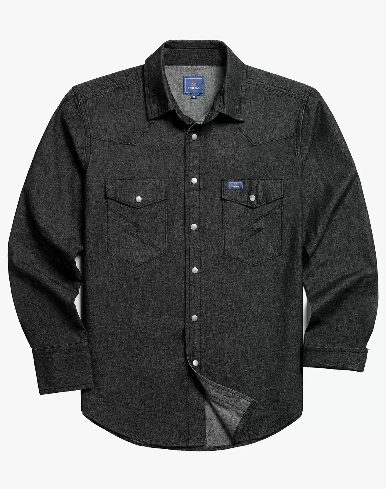 Black Men's Denim Long Sleeve Regular Fit Work Shirt | HISEA