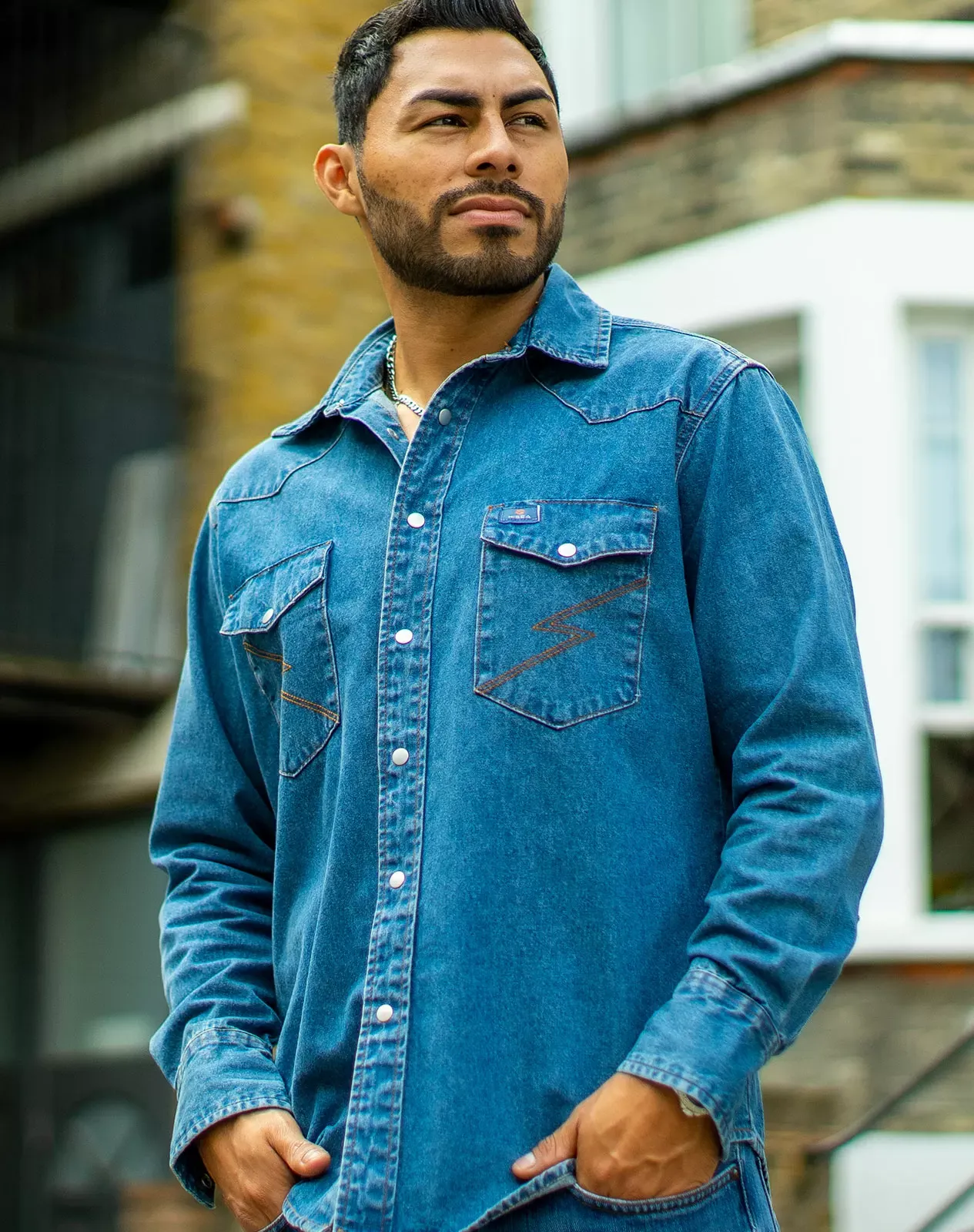 Blue Men's Denim Long Sleeve Regular Fit Work Shirt for GZ51MCPA image 6