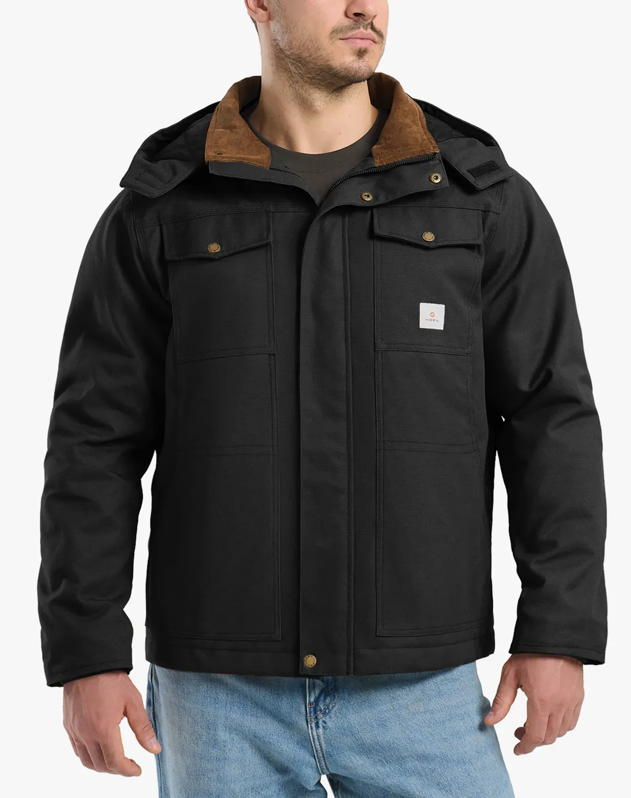 Black Men's Insulated Work Jacket with Detachable Hood | HISEA