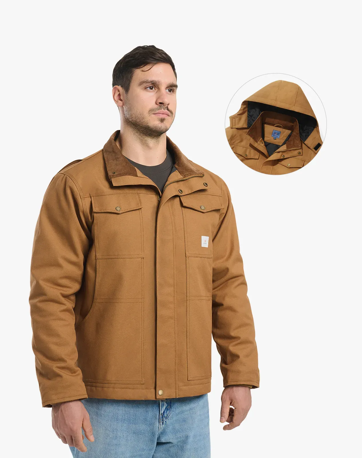 Brown Men's Insulated Work Jacket with Detachable Hood | HISEA