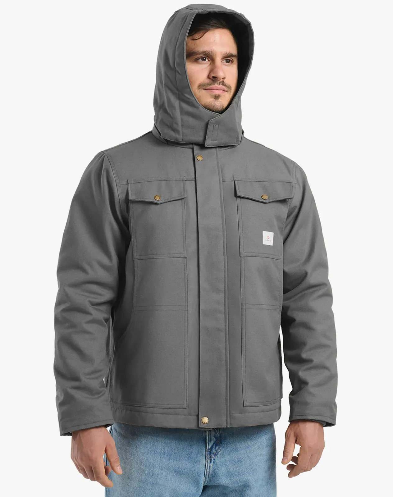 Grey Men's Insulated Work Jacket with Detachable Hood for GZ57MCP image 3