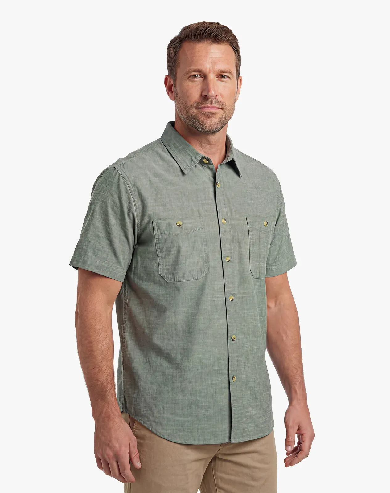 Green Men's Cotton Short Sleeve Regular Fit Work Shirt for GZ63MCP image 2