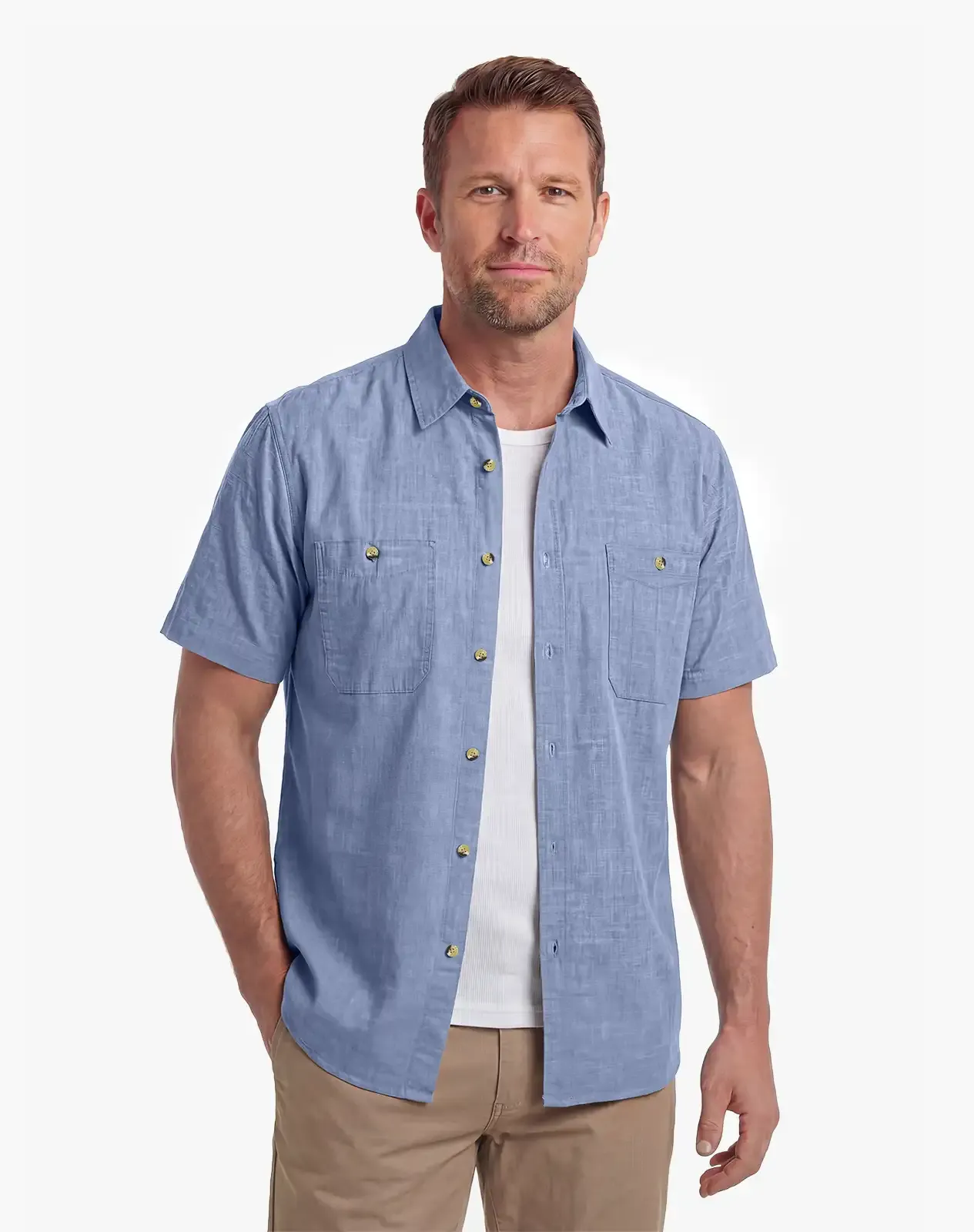 Blue Men's Cotton Short Sleeve Regular Fit Work Shirt for GZ63MCP image 1