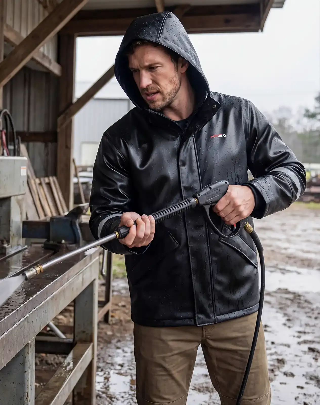 Black Men's Heavy-Duty Waterproof Work Rain Jacket for GZ65MCP image 6