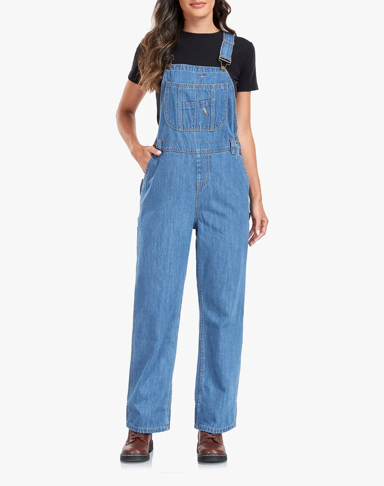 Stone washed blue Women's Denim Bib Overalls with Adjustable Straps for GZ66WCP image 2