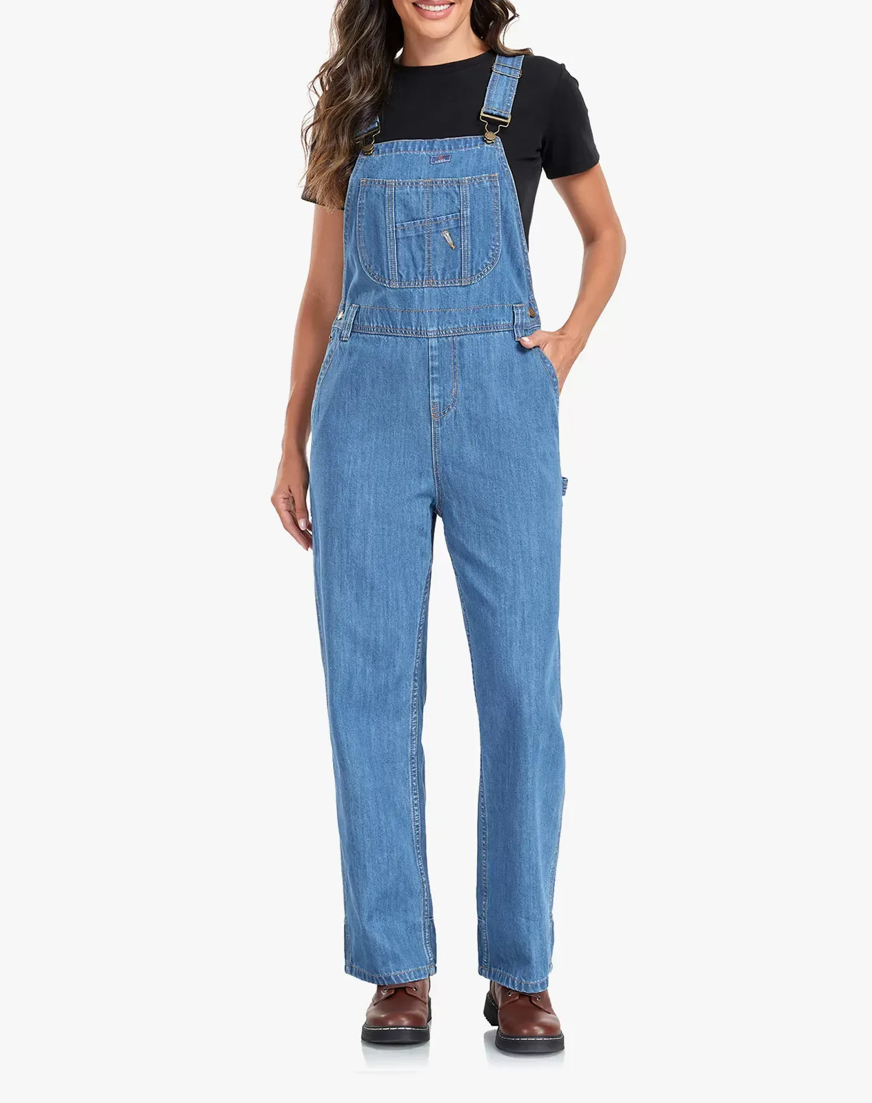 Stone washed blue Women's Bib Overall Workwear with Adjustable Straps and Convenient Tool Pockets for GZ66WCP image 3