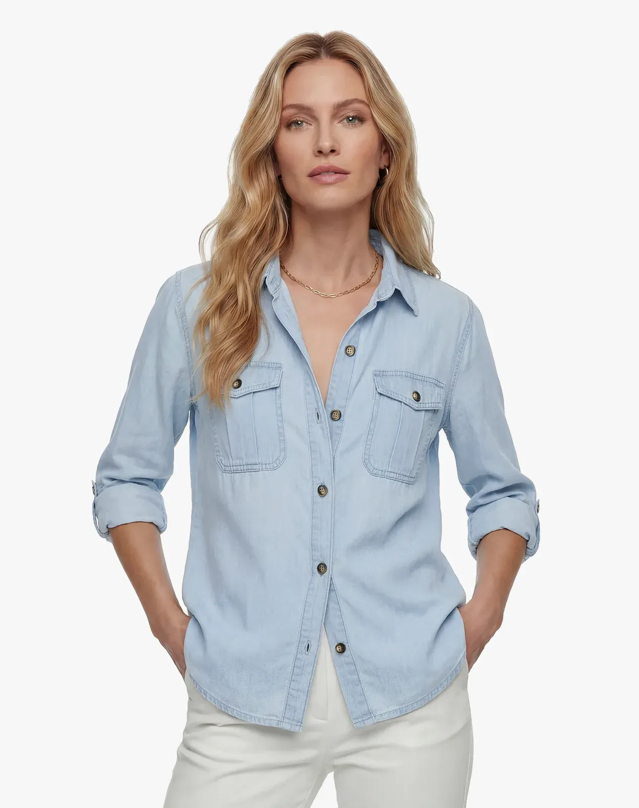 Blue Women's Lightweight Denim Long Sleeve Chambray Shirt for GZ69WCP image 1