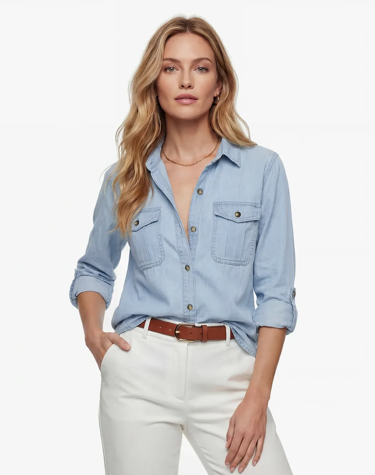 Blue Women's Lightweight Denim Long Sleeve Chambray Shirt for GZ69WCP image 2