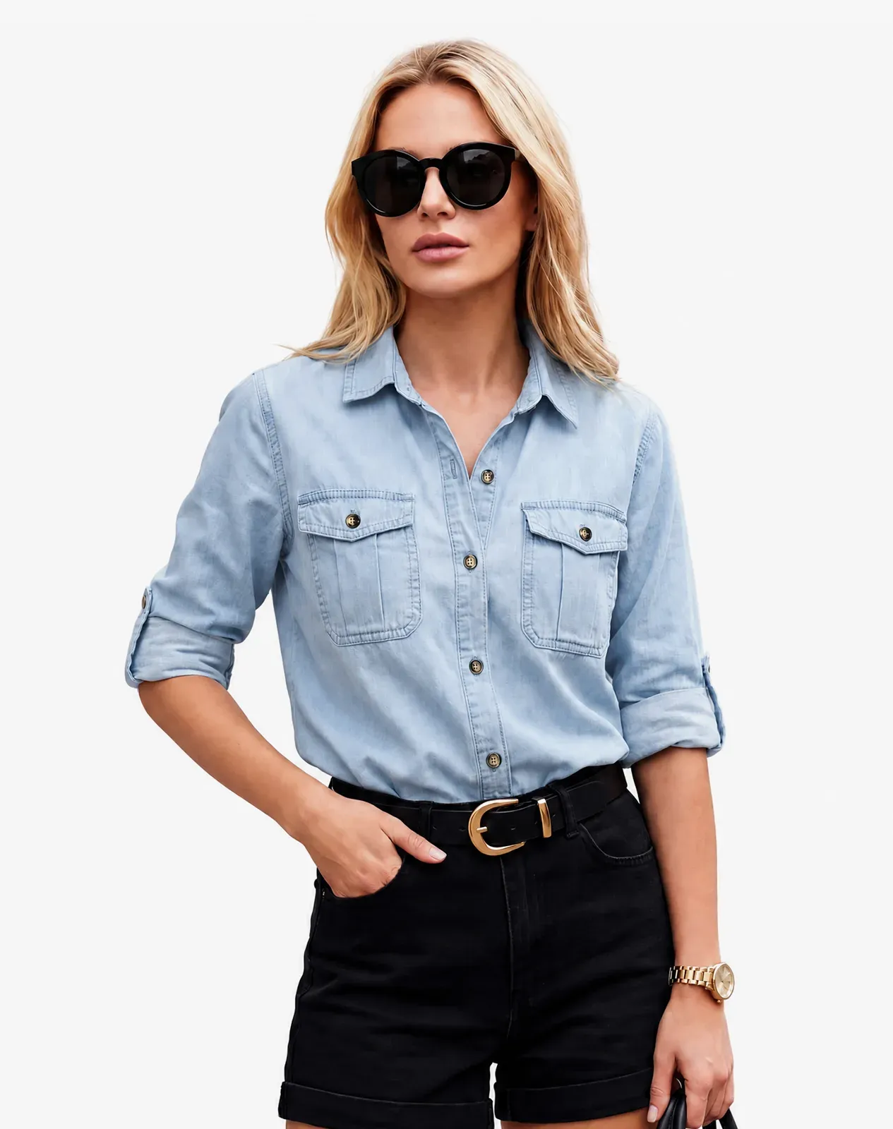 Blue Women's Lightweight Denim Long Sleeve Chambray Shirt for GZ69WCP image 4
