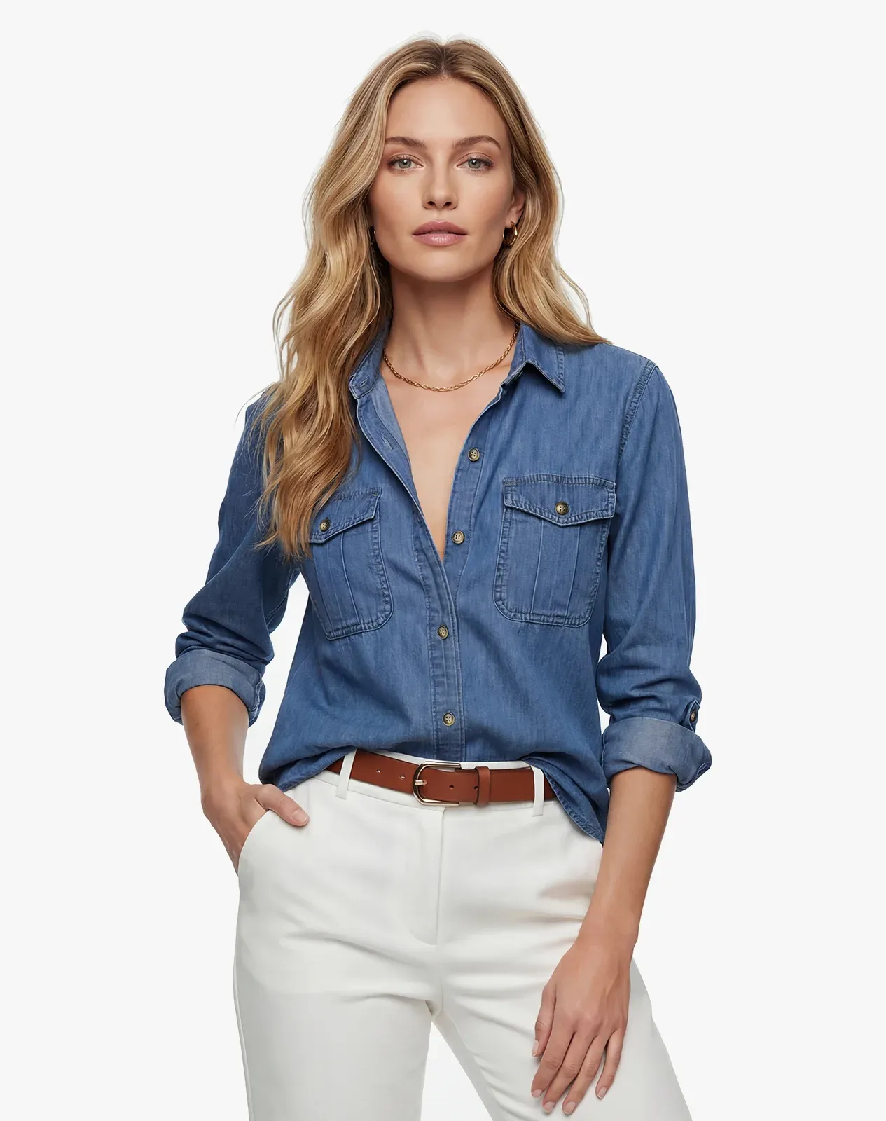Dark navy Women's Lightweight Denim Long Sleeve Chambray Shirt for GZ69WCP image 2
