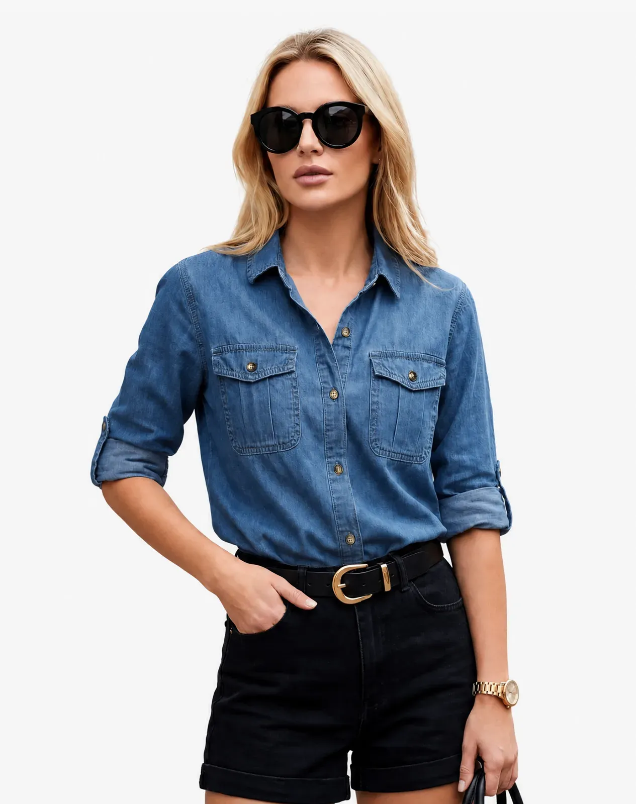 Dark navy Women's Lightweight Denim Long Sleeve Chambray Shirt for GZ69WCP image 4