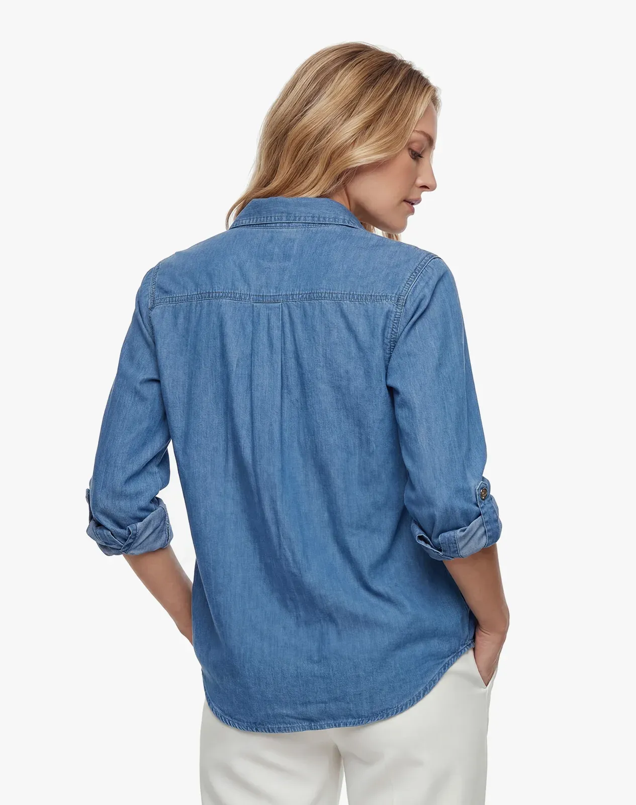 Navy Women's Lightweight Denim Long Sleeve Chambray Shirt for GZ69WCP image 3