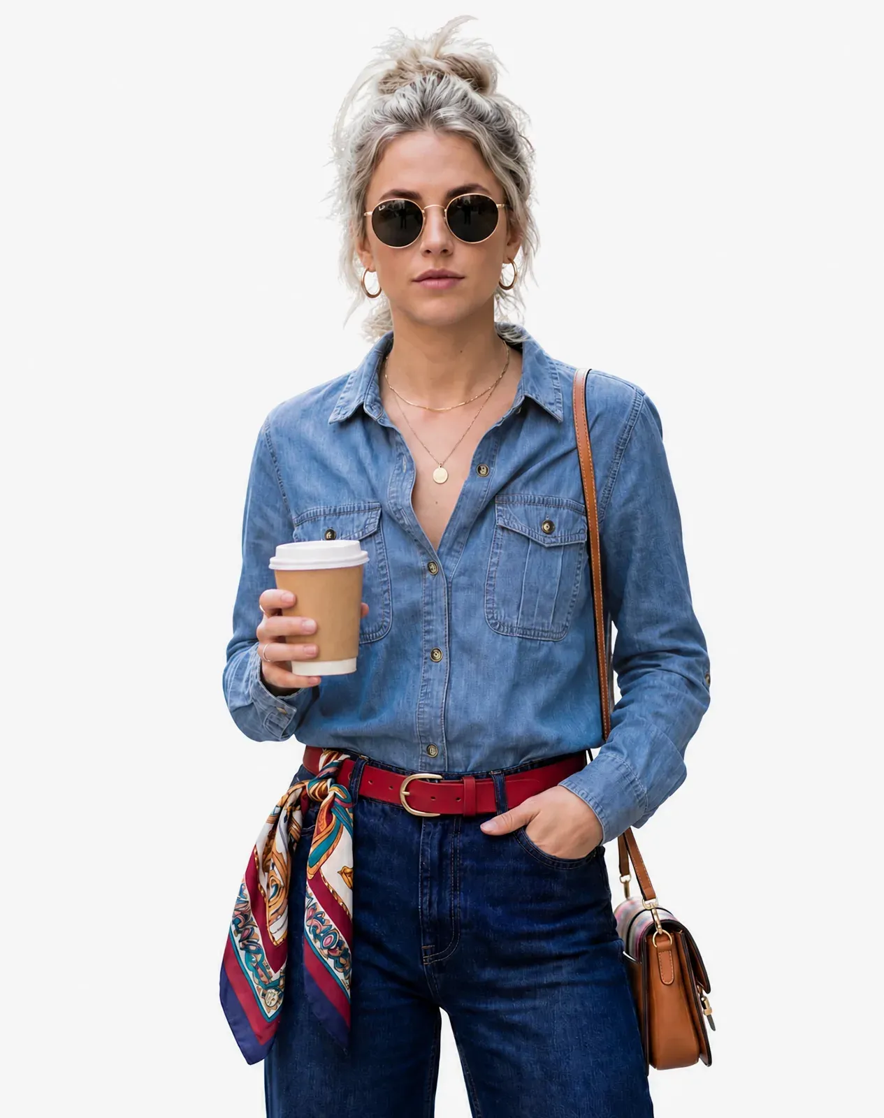 Navy Women's Lightweight Denim Long Sleeve Chambray Shirt for GZ69WCP image 4