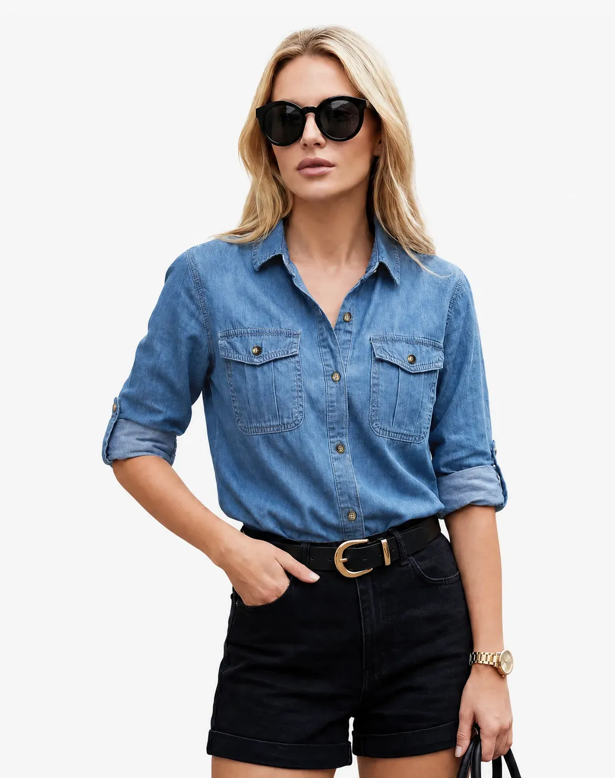 Navy Women's Lightweight Denim Long Sleeve Chambray Shirt for GZ69WCP image 5