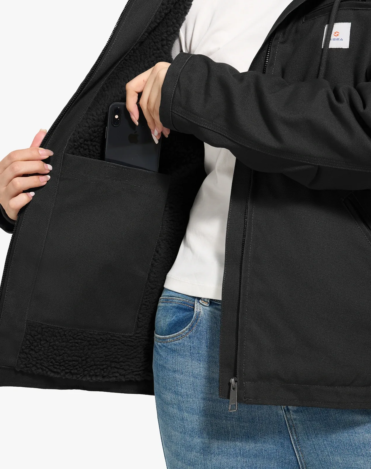 Women's Faux Sherpa Cotton Canvas Zip-Up Hooded Jacket for GZ74WCP image 4