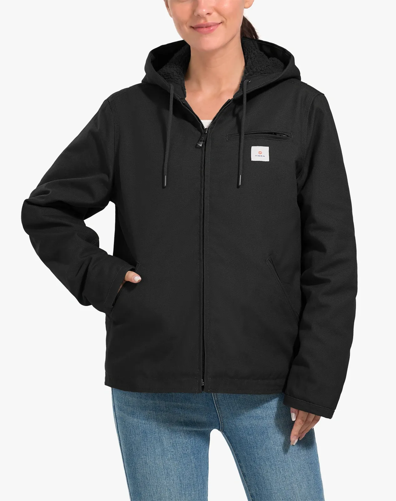 Women's Faux Sherpa Cotton Canvas Zip-Up Hooded Jacket for GZ74WCP image 5