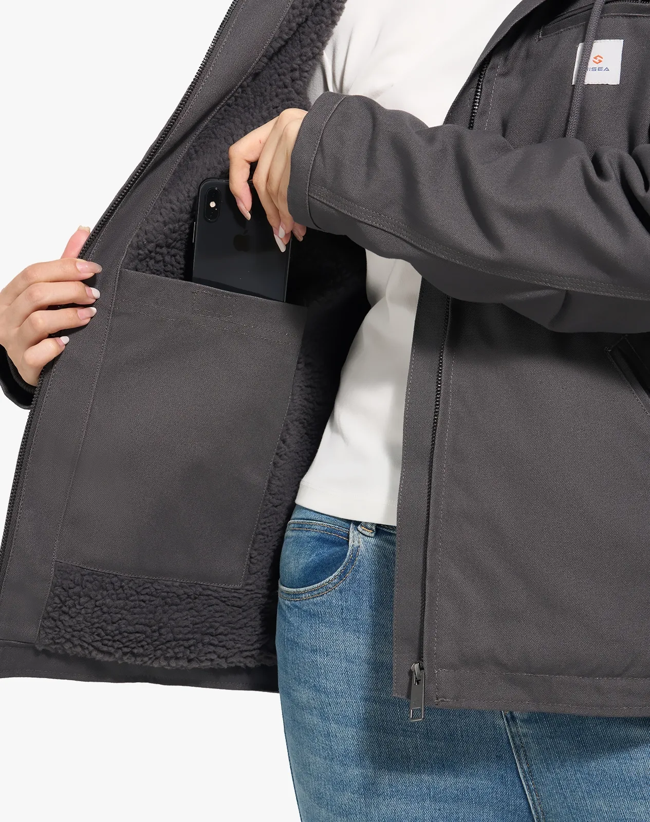 Grey Women's Faux Sherpa Cotton Canvas Zip-Up Hooded Jacket for GZ74WCP image 4