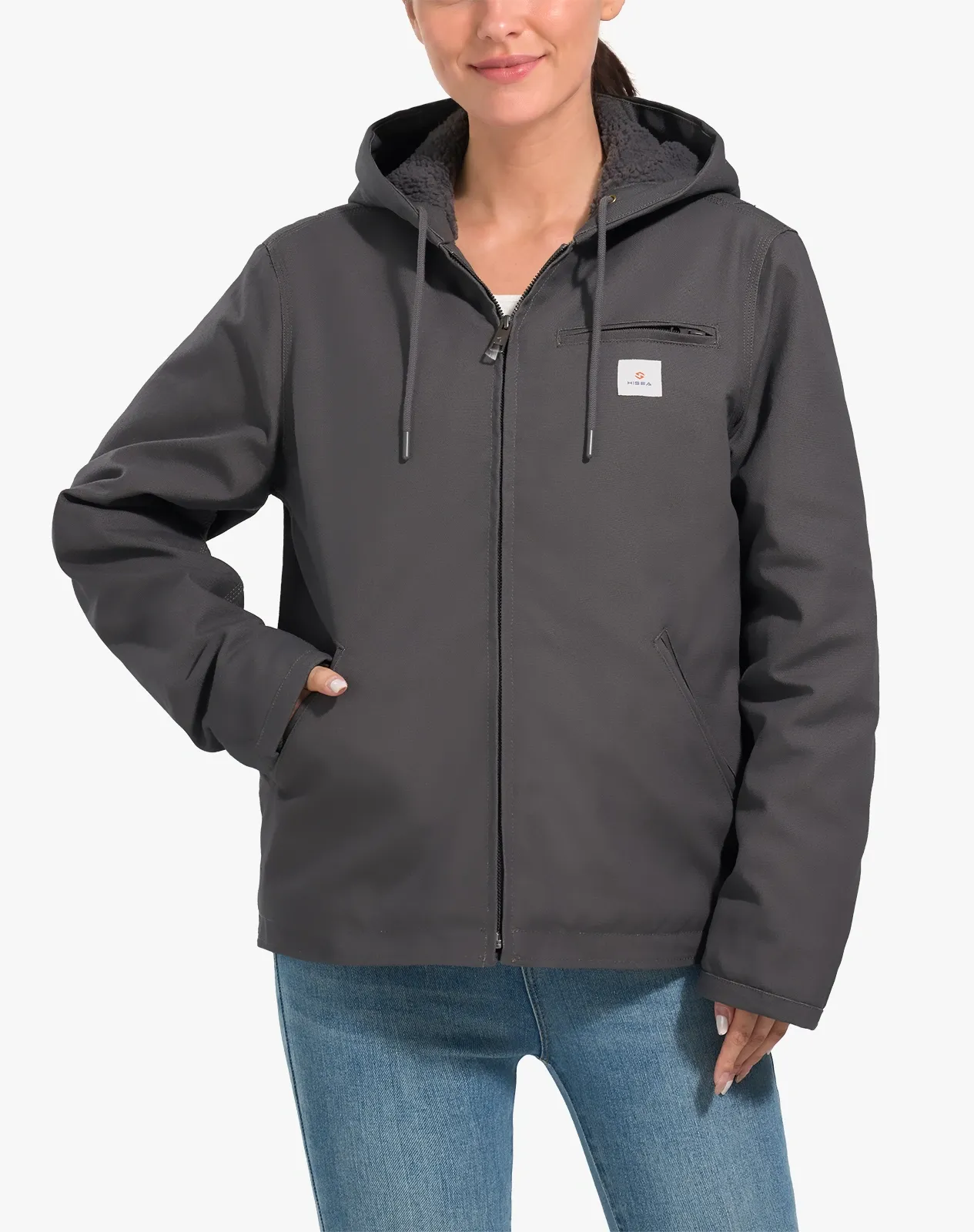 Grey Women's Faux Sherpa Cotton Canvas Zip-Up Hooded Jacket for GZ74WCP image 5