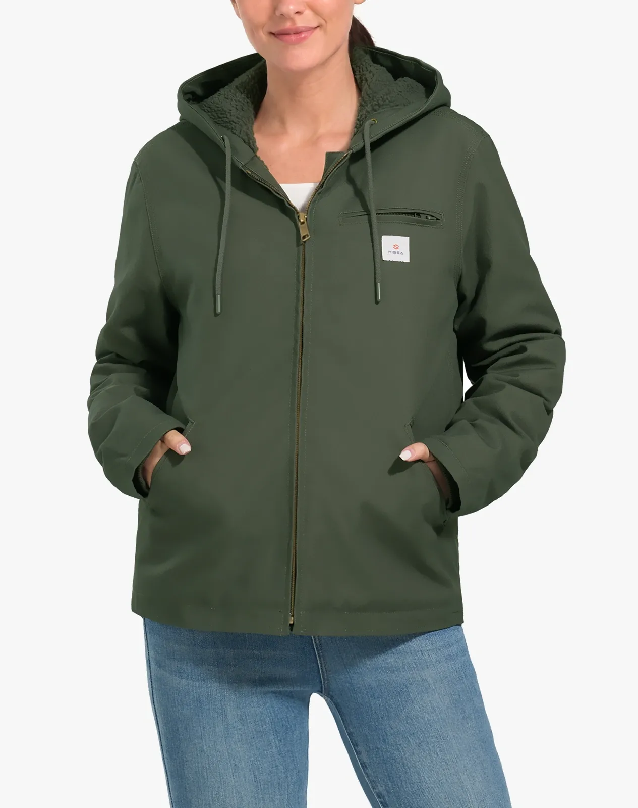 Green Women's Faux Sherpa Cotton Canvas Zip-Up Hooded Jacket for GZ74WCP image 1